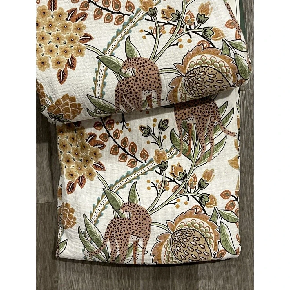VESELKA HOME SHOWER CURTAIN 100% COTTON Cheetah Brown Floral Trim Detail New